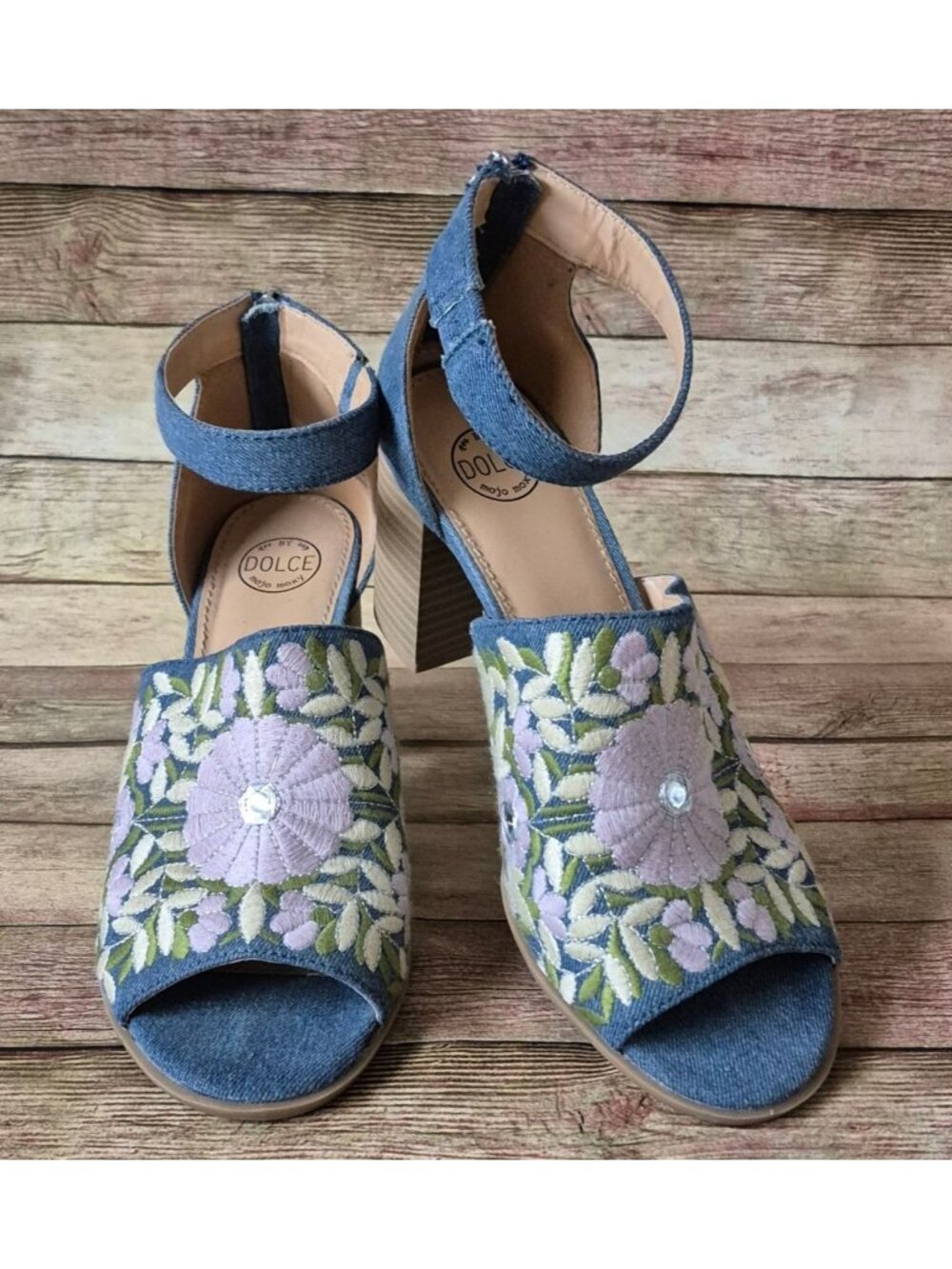 Dolce Mojo Moxy Womens 10M Blue Denim Floral Embroidered Block Heel Sandals - Picture 1 of 14